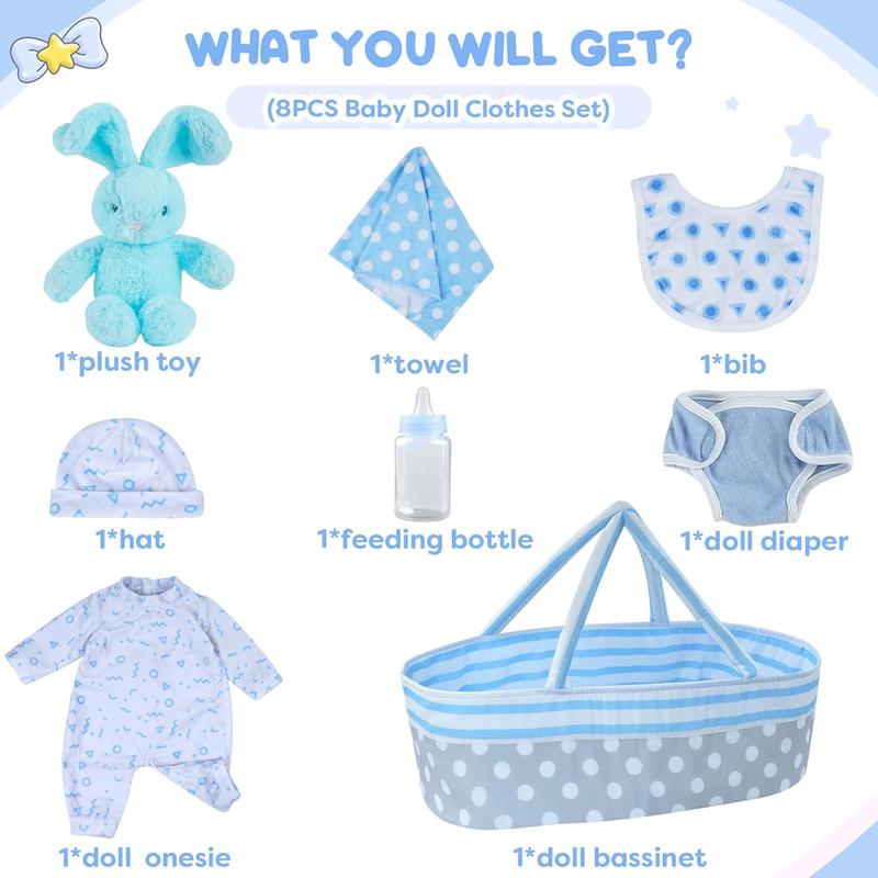 BABESIDE 8-Piece Reborn Baby Doll Clothing Set Fits 17-22 inch dolls Baby doll clothing accessories Perfect for reborn doll dress-up play Includes fabric carry basket Convenient for on-the-go outings Doll Clothes Set