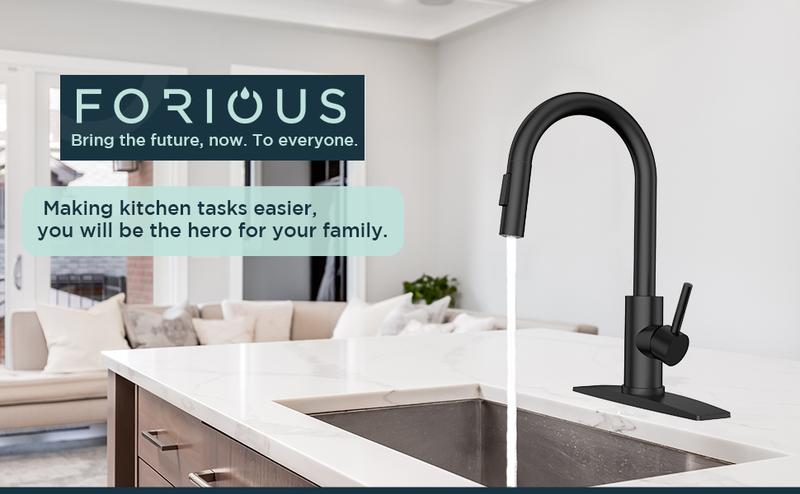 FORIOUS Kitchen Faucet with Pull Down Sprayer High Arc Black Kitchen Faucet 2 Modes Single Handle Stainless Steel Sink Basin Faucet