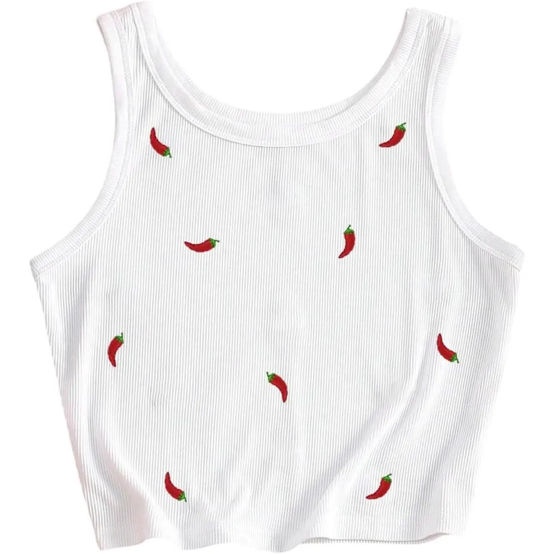 Women's Chili Pepper Embroidery Crop Tops Casual Summer Crewneck Ribbed Tank Top