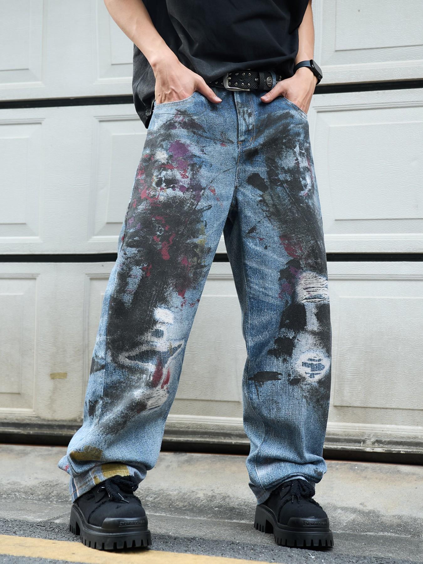 Men's 3D Printed Jeans Y2K Graffiti Denim Jeans, Loose Fit Wide Leg Vintage Washed Jeans, All Seasons Streetwear