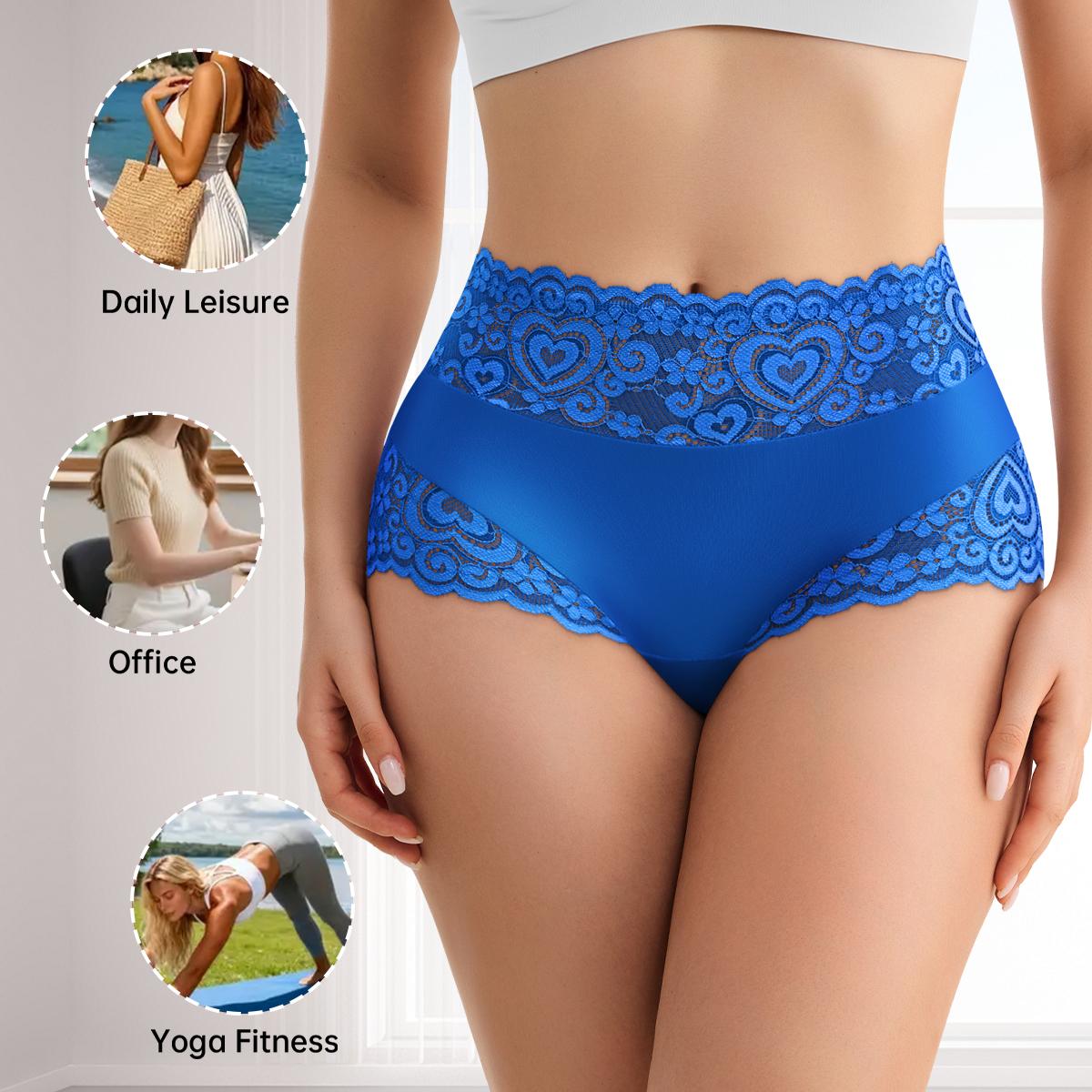 QUASTI 5PCS Mid Waisted Lace Women's Panties, Multi Colored Smooth Soft Fashion Sweet Lace Exquisite Underwear, Cool Elasticity No Show Full Coverage Briefs, Daily Wear S-XXL