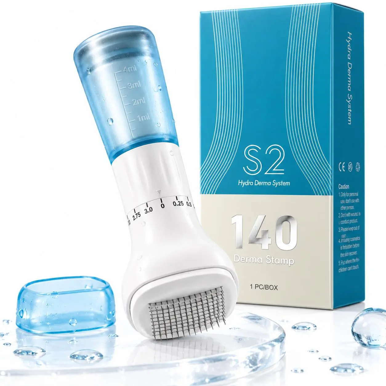 Hydra Derma Stamp - 140-Pin Adjustable Manual Microneedling Tool, Plastic PC Cosmetic Device with 10 mL Serum Reservoir, Vertical Press for Facial Exfoliation, Face & Scalp At-Home Skincare