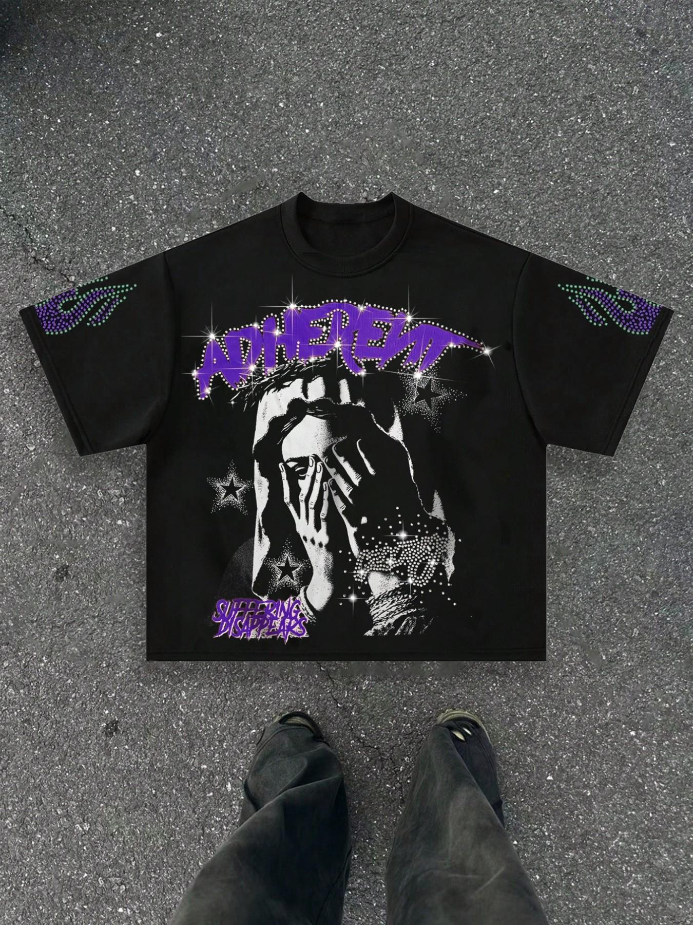 Adherent Loose Rhinestone T-Shirt, Round Neck, Face Print + Rhinestone Font, Soft Cotton Blend Fabric, Y2K Gothic Style, Casual, Daily Wear, Party, City Essential, Streetwear, Menswear