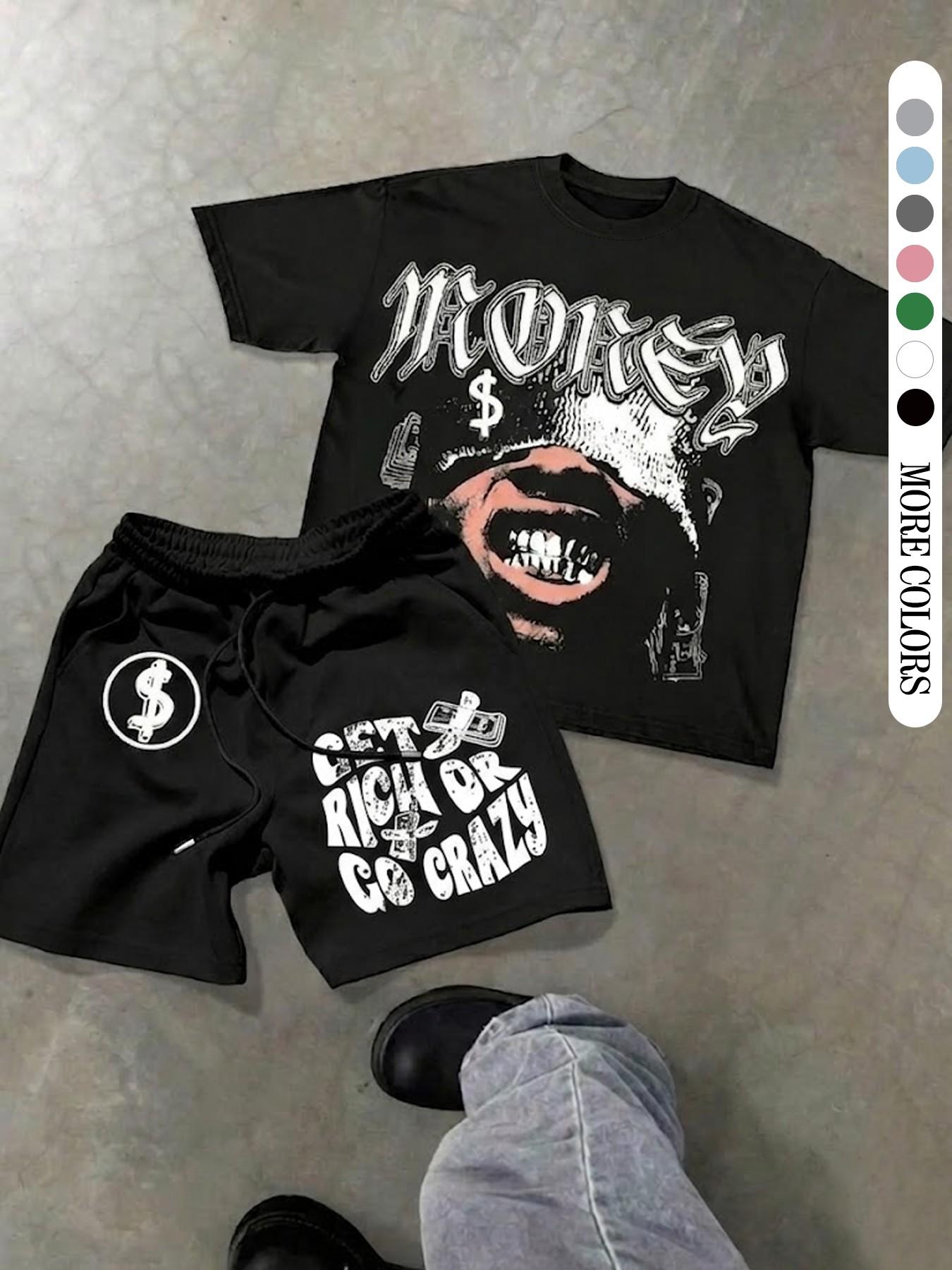 Two-Piece Set Men's Money Print Graphic Short Sleeve Crop Tee & Shorts, Loose Casual Fashion Round Neck T-shirt & Shorts for Daily Outdoor Wear, Men's Clothing for Summer, Menswear