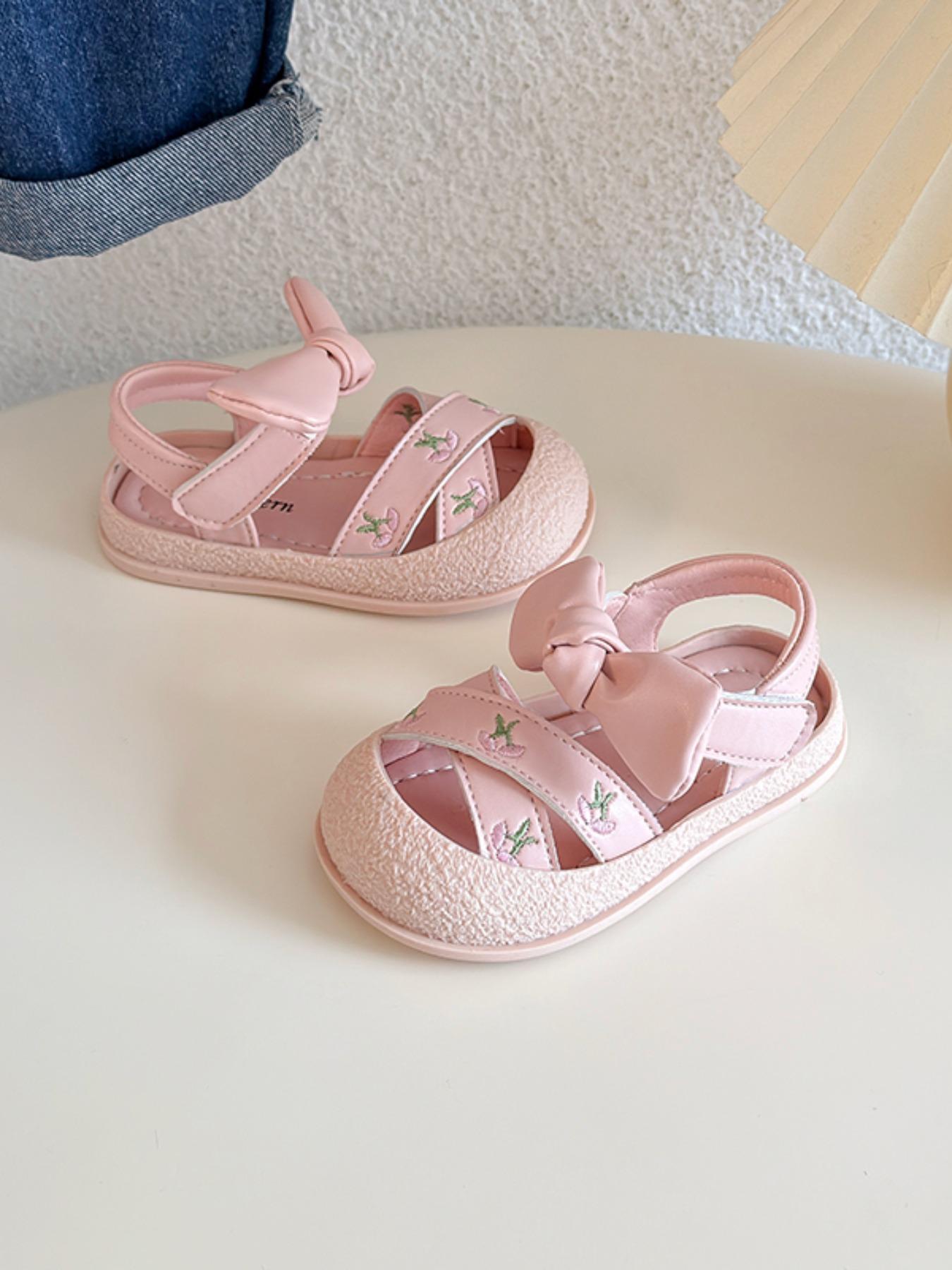 Cherry Embroidery Bow Infant Sandals, Sweet Princess Style, Easy-On Velcro, Soft Toe Protection, Non-Slip Rubber Sole, Summer