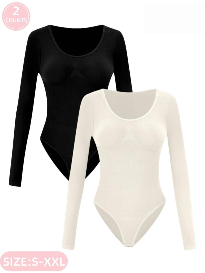 Women's Ribbed Abdomen Control Bodysuit, Long Sleeve Seamless T-Shirt, Comfortable Scoop Neck Bodysuit Stretchy Basic Tops, Fit Soft Elastic Fabric, Perfect for Daily Wear and Going Out, Shapewear for Fall&Winter