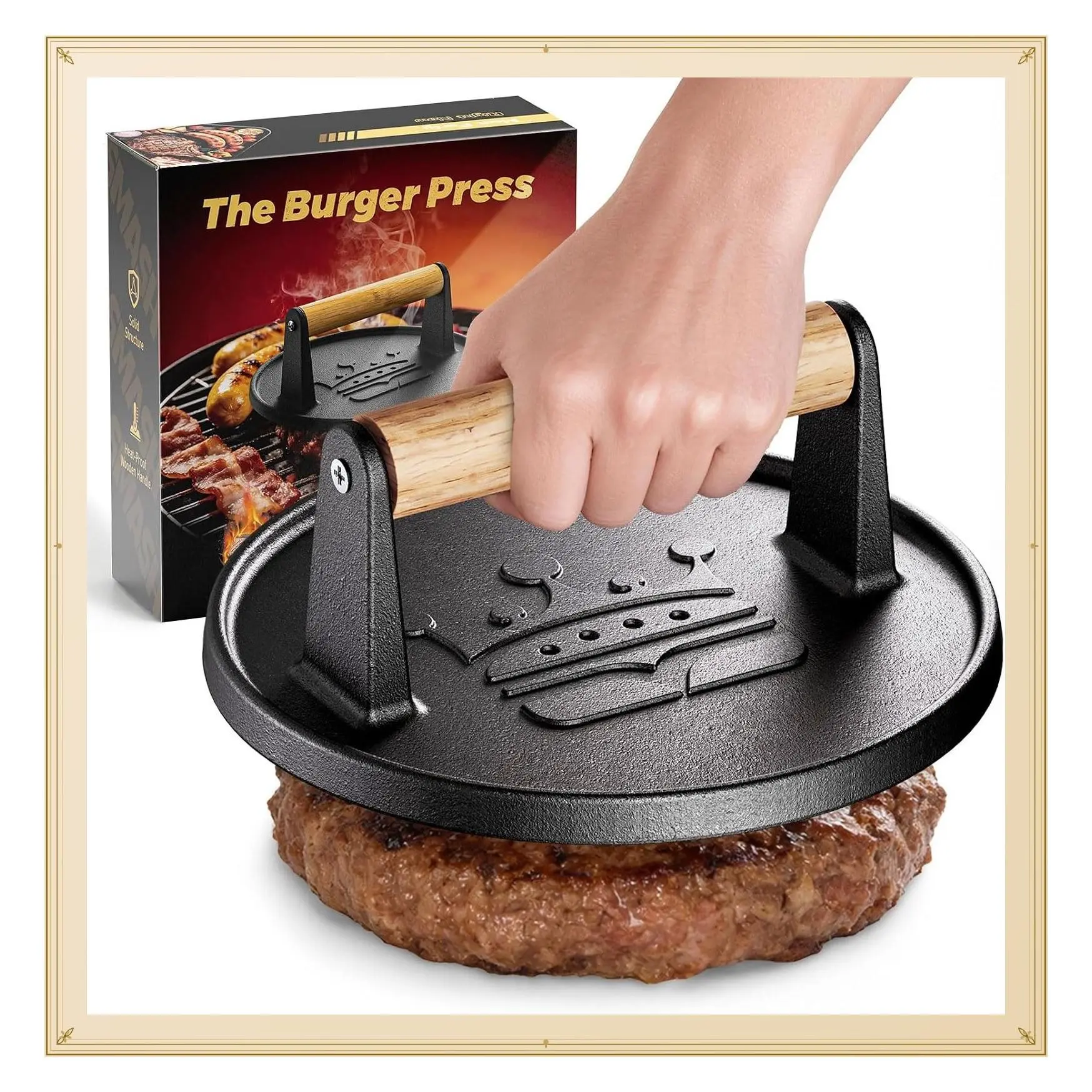 Smash Burger Press 6.5" Cast Iron Flat Round Burger Smasher with Wood Handle, 2lb Heavy-Duty Nonstick Hamburger Meat Press for Griddle Accessories, BBQs and Tailgates GiftGift