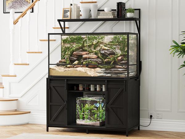 VOWNER Farmhouse Reptile Tank Stand with Power Outlet, 48" X 24" Tabletop Fits up to 120 Gallon Bearded Dragon Tank, Heavy Duty Aquarium Stand with Storage Cabinet, Reptile Turtle Terrarium Stand
