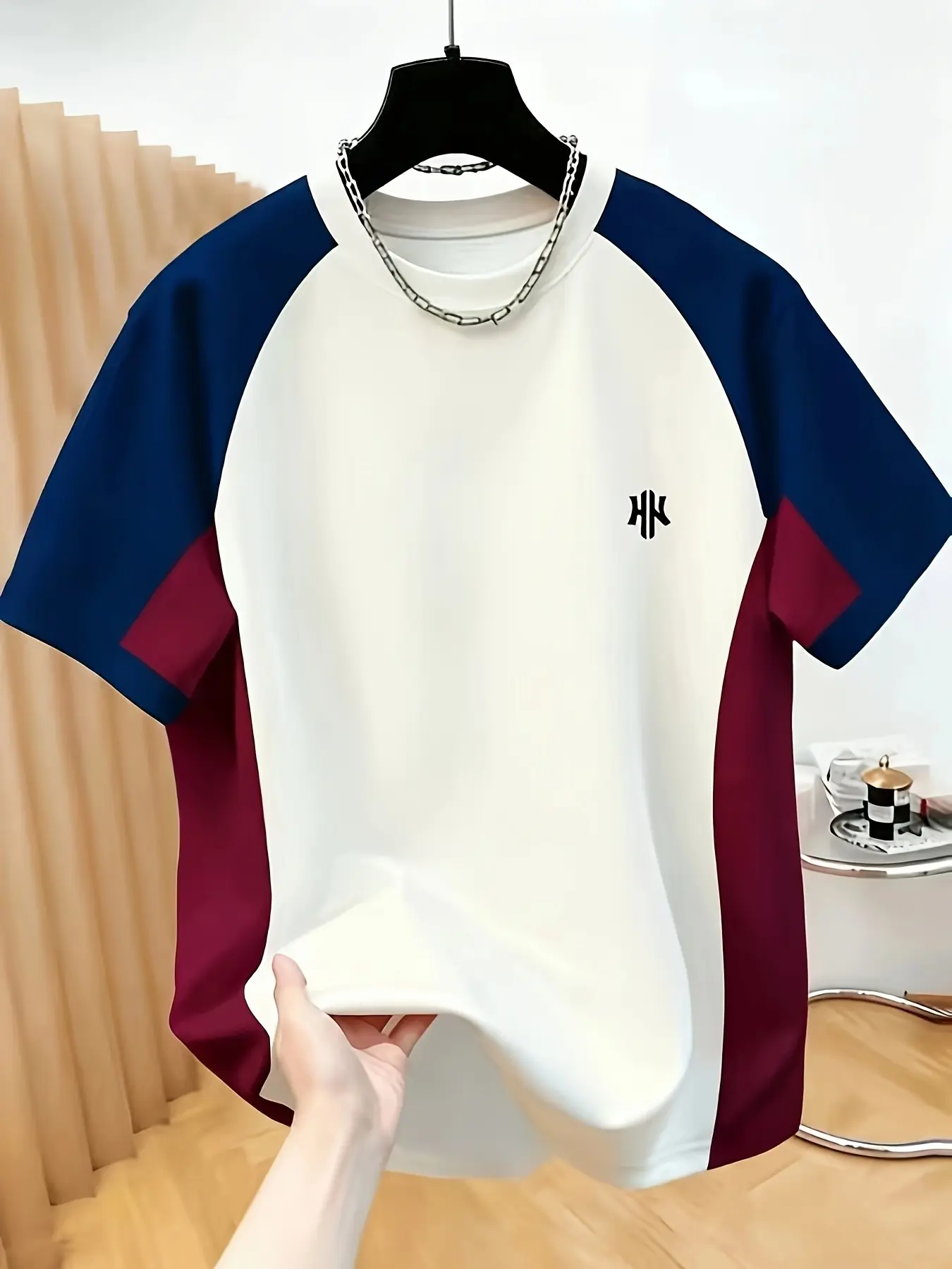 Plus Size Men's Creative Double H Design Print Round Neck Colorblock T-Shirt, Fashion Casual Versatile Sports Short Sleeve T-Shirt