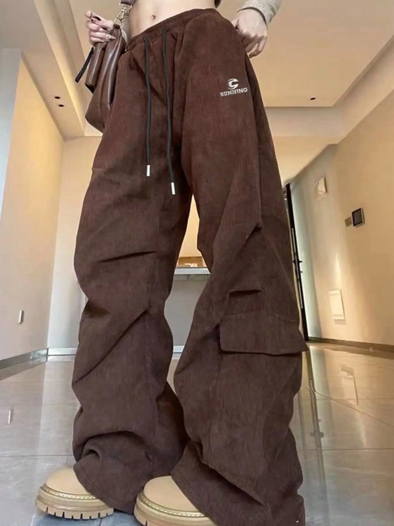 Women's Brown Cargo Wide Leg Pants | Elastic High Waist Drawstring Ruched Knee Side Flap Pockets Adjustable Hem | Baggy Streetwear Casual Trousers for Women