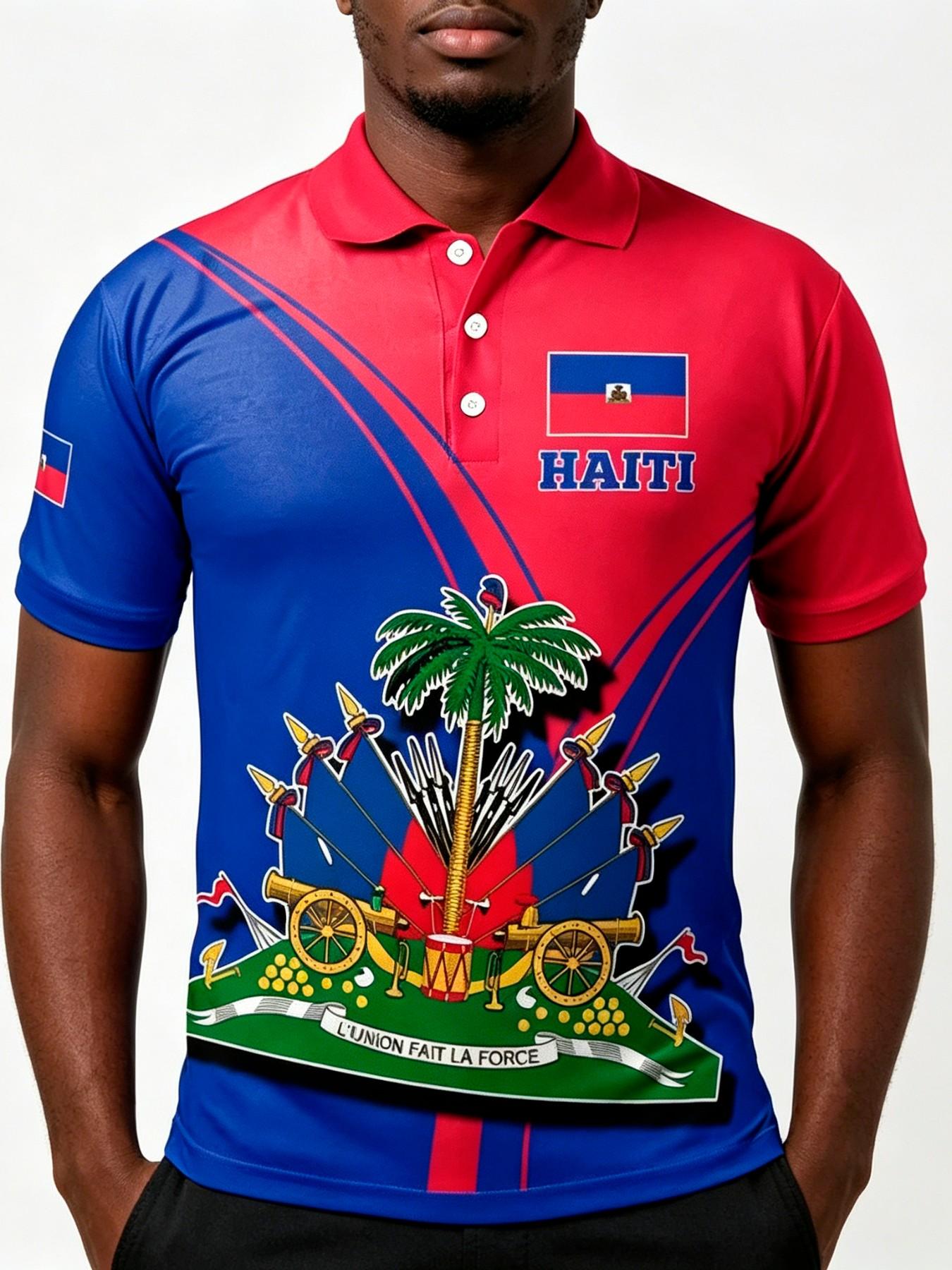 Summer Men's Tropical Colorblock Dopamine Full Print Street Fashion Polo, Collared Polo Shirt, Menswear, Haiti Flag Print Golf Shirt, Loose-Fit Casual All-Season Top, Printed Polo Shirts, Summer Polos