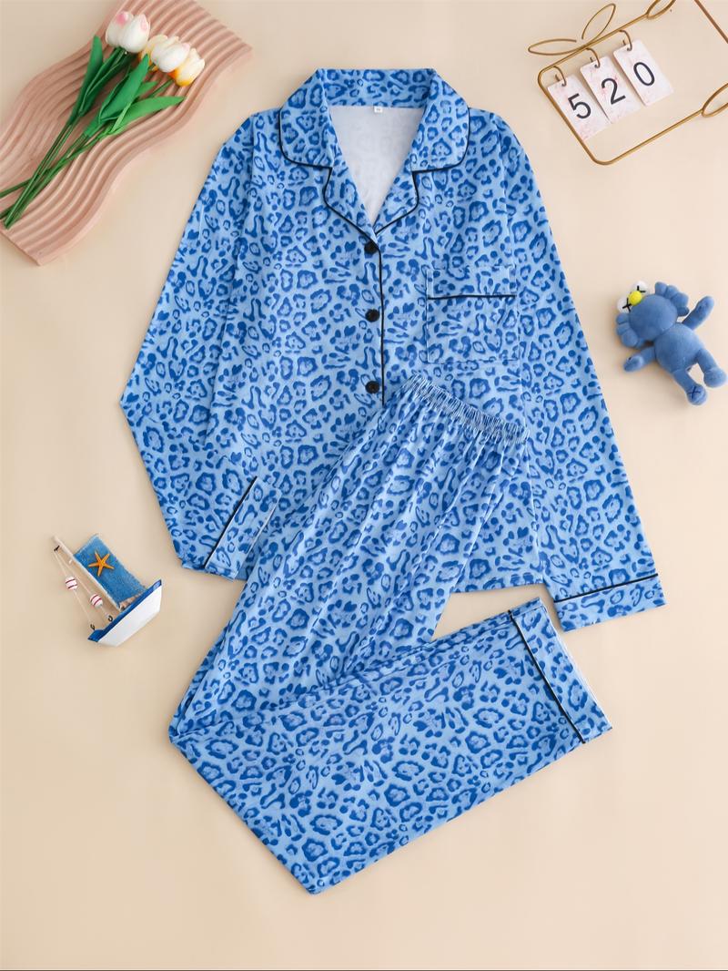 Women's Leopard Print Button Front Pocket Lapel Shirt & Elastic Waist Pants Pyjama Two-piece Set, Casual Comfy Pocket Long Sleeve Top & Trousers Pj Set, Women's Sleepwear for Spring & Fall, Loungewear Set Women, Leopard Print Pajamas