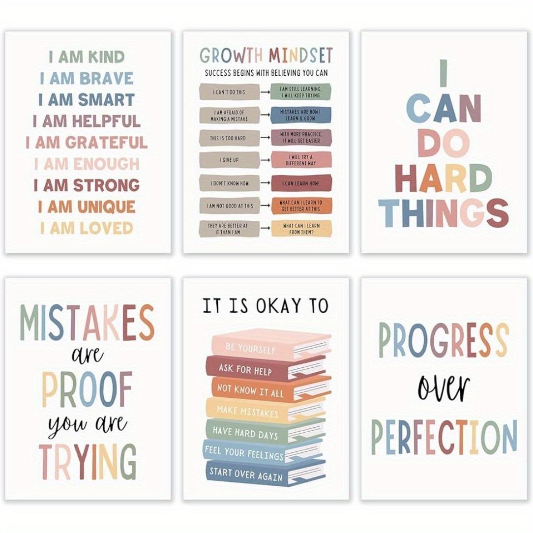 6pcs Frameless Positive Affirmations Quotes Wall Art, Growth Mindset Posters for Classroom Therapy, Office Decor, Educational Prints 8x10 Inch