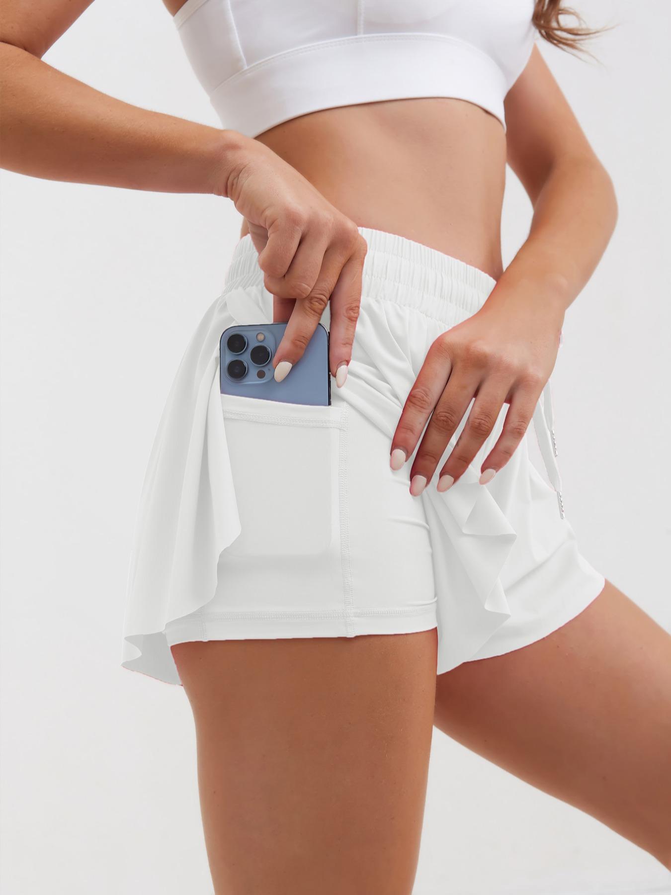 Women's Solid Drawstring Waist Shorts, Pocket Tennis Shorts, Ladies Sportswear Clothing for Tennis Running Gym, Butterfly Shorts