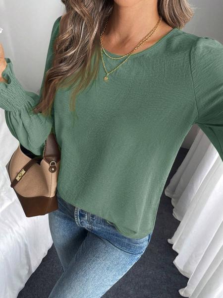 Women's Plain Blouse, Casual Round Neck Top for Spring & Fall, Women's Clothing for Daily Wear