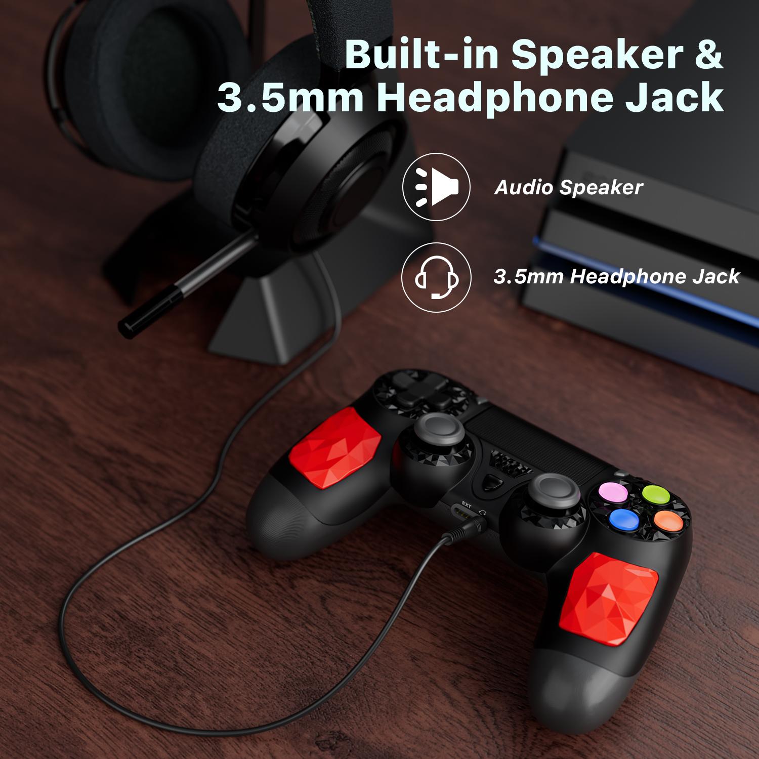 ISHAKO Wireless Game Controller For PS4/PS3/PC/Android/iOS, With Double Vibration, Six Axis Gyro, Touchpad, Built in speaker, Audio jack, Gamepad for PS4, Red PS413