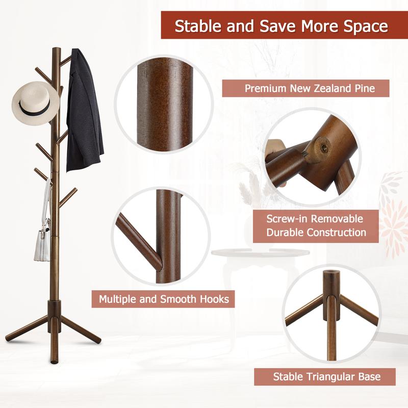 Wooden Coat Rack, Free Standing Coat Rack with 8 Hooks 3 Adjustable Heights for Clothes, Hats, Handbags, Coat Tree Easy Assembly for Entryway, Bedroom, Hallway, Office Minimal Organizer Wooden Coat Rack, Free Standing Coat Rack with 8 Hooks 3 Adjustable Heights for Clothes, Hats, Handbags, Coat Tree Easy Assembly for Entryway, Bedroom, Hallway, Office Minimal Organizer