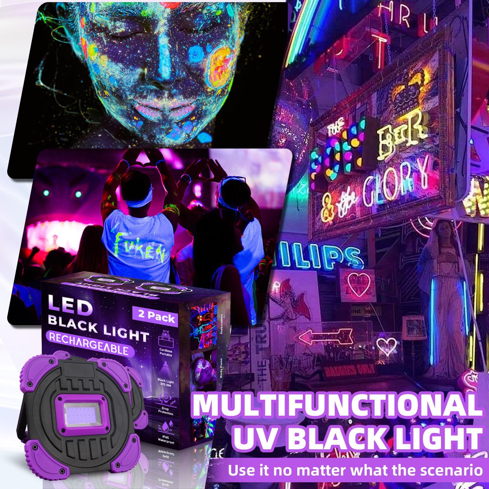 [Buy one get two]Rechargeable Black Light, UV Flood Light, IP65 Waterproof, Cordless 395nm LED Blacklights for Glow Party, Body Painting, Fishing, Halloween Party, Neon Glow Party, Christmas, Gifts, 2 Pack