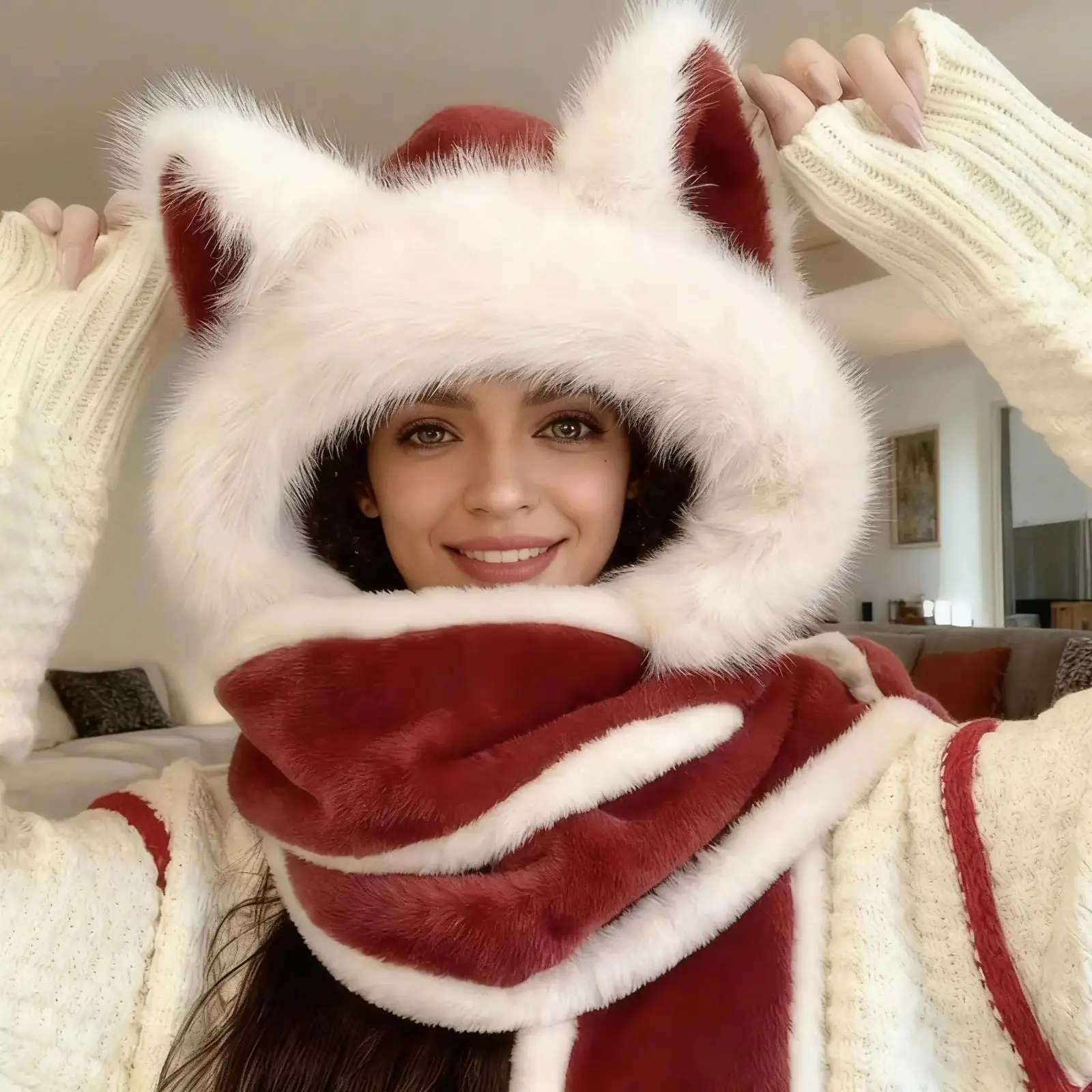 Wolf ear plush three-piece set: winter hat and scarf combination, warm hat for women, cold weather gear, outdoor activities, plush hat, fashionable for cold weather, soft fabric, three-piece set, suitable for commuters and cyclists.
