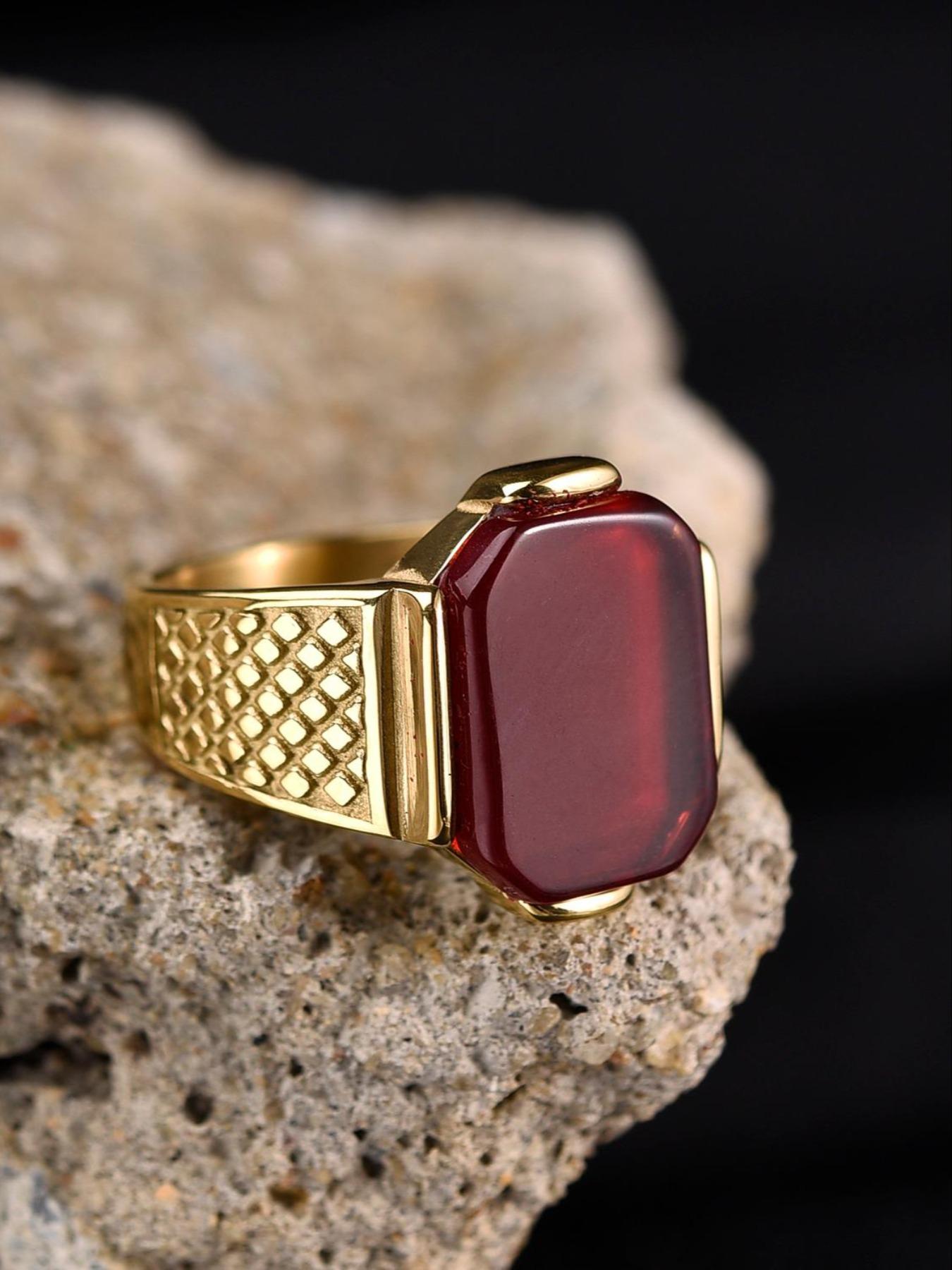 Business Style Men's Blue Ring, 316L Stainless Steel, 18K Gold Plated, Inlaid with Rectangle Agate