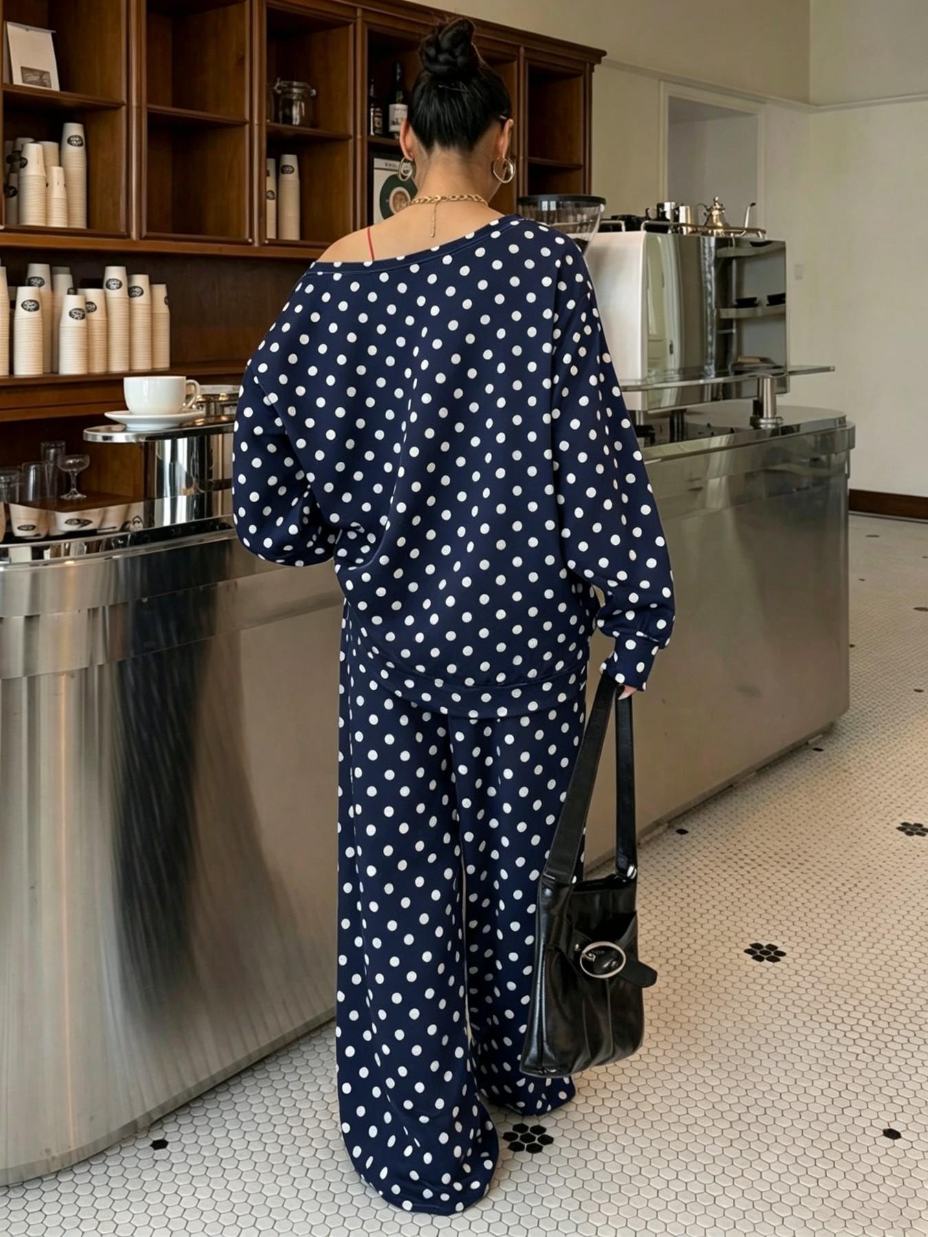 2026 Fall Women Polka Dot 2 Piece Matching, off Shoulder Long Sleeve Top, Adjustable Drawstring Wide Leg Pants, Casual Loungewear Set