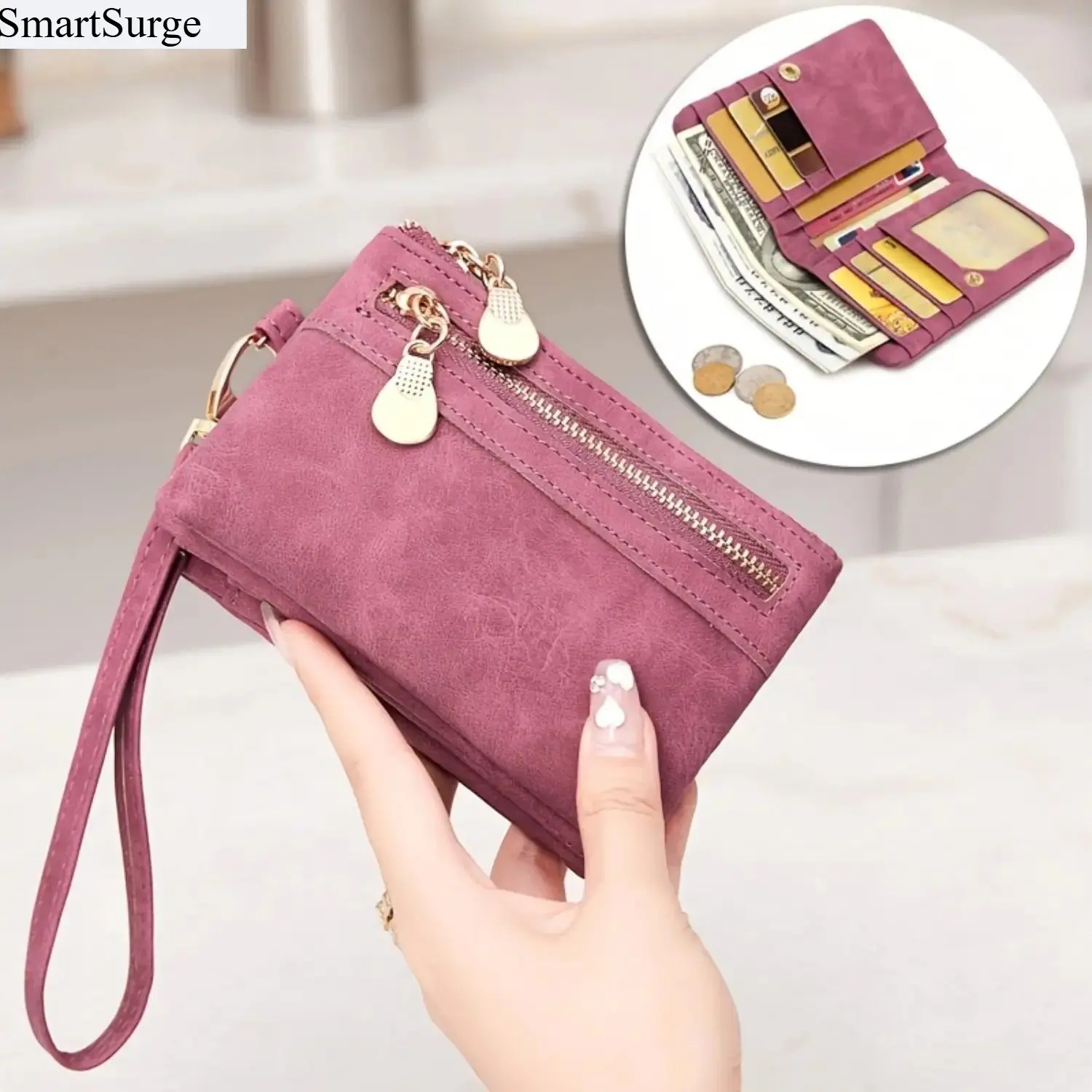 Women’s Wristlet Wallet with Multiple Card Slots, ID Window, Zipper Coin Pocket and Cash Compartment, Large Foldable Clutch Card Holder