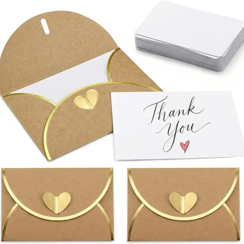 30/50/100 PCS Mini Kraft Envelopes with Gold Heart Clasp and Blank Cards, Gold Foil Edge Gift Card Holders, Vintage Stationery for Wedding Invitations, Baby Shower, Birthday, Graduation, Business Thank You Notes