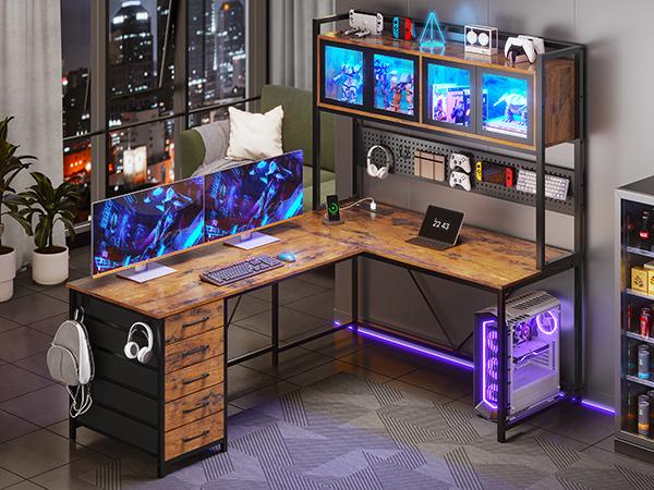 SEDETA L-Shaped Computer Desk with Storage Home Office Desk LED L-Shaped Gaming Desk with Storage