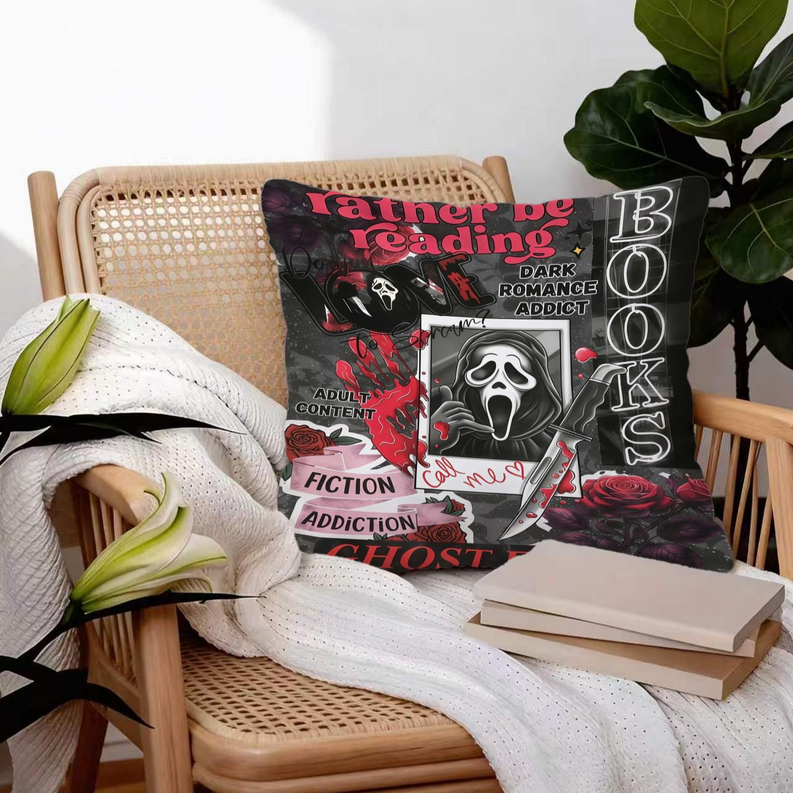 18x18 Inch Scream Ghostface Throw Pillow, Dark Romance Addict Horror Movie Book Lover Decorative Cushion, Spooky Halloween Sofa Bedroom Decor, Perfect Gift for Movie Fans & Bookworms
