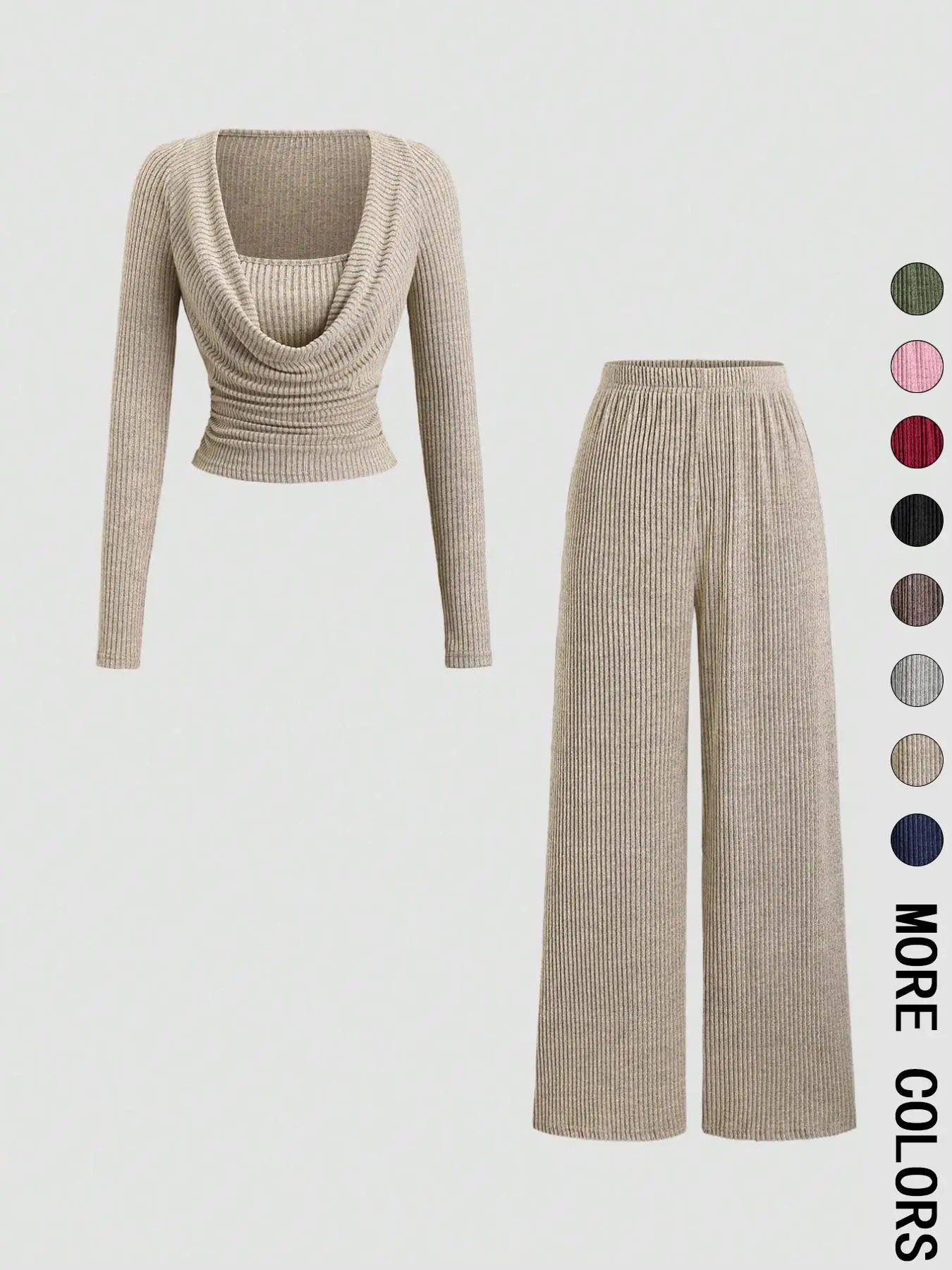 2 Piece Viral Co Ord Set Long Sleeve Cowl Collar Faux Layer Short Top & Full Elastic Waist Straight Wide Leg Trousers Matching Outfit
