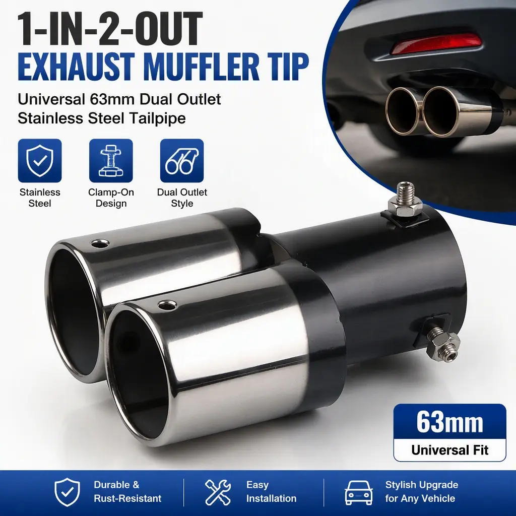 1‑In‑2‑Out Car Exhaust Muffler Tip, 63mm Universal Stainless Steel Dual Outlet Tailpipe Cover, Clamp‑On Decorative Exhaust Tip for Auto Mods