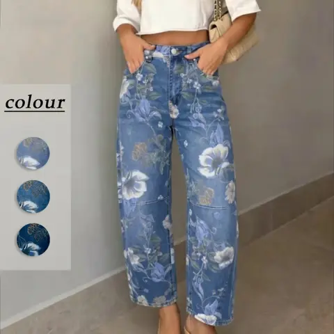 Women's Vintage Floral Print Straight Leg Jeans, High Waist Loose Nine-Inch Casual Pants, Perfect for Street Walks, Outdoor Hikes, Fashion Photography