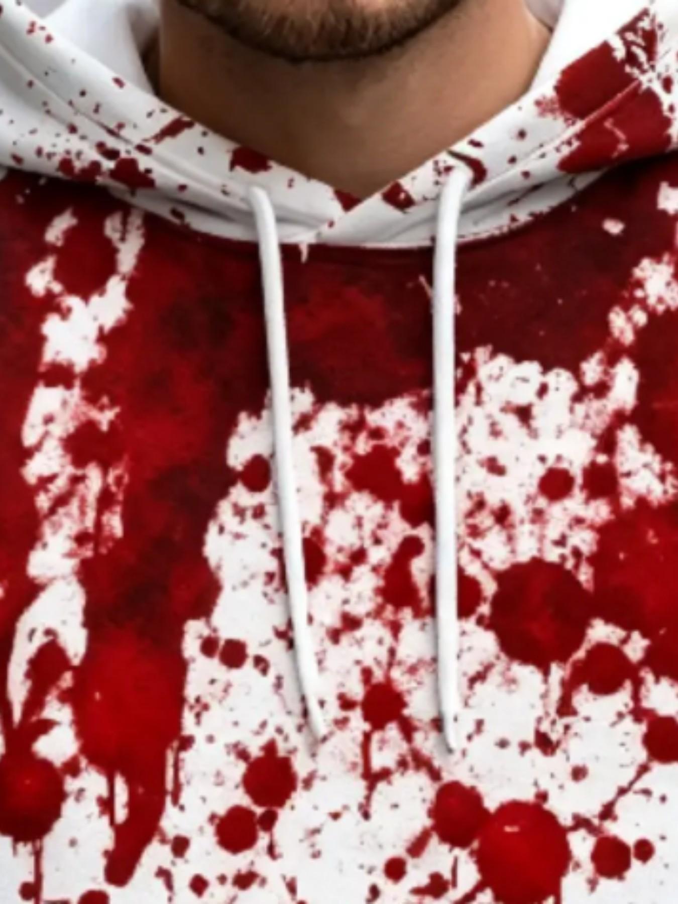 Men's Drawstring Pullover Hoodie Sublimation Fabric White Base Full Coverage Splattered Blood Stain Vertical Drip Print Graphic Sweatshirt Long Casual Fit Horror Streetwear Halloween Party Cosplay Daily Outdoor Top