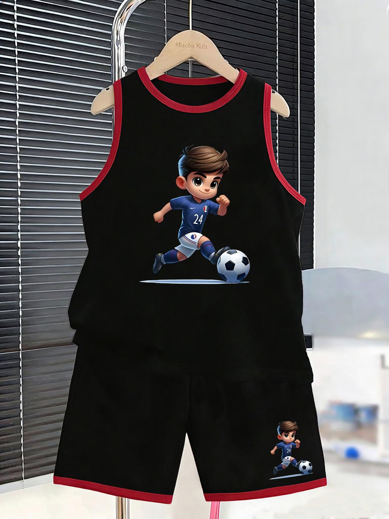 Summer Boys' Sport Set, Tank Top and Shorts, Cartoon Football Print, Loose-Fit, Sporty Style, Two-Piece for Kids