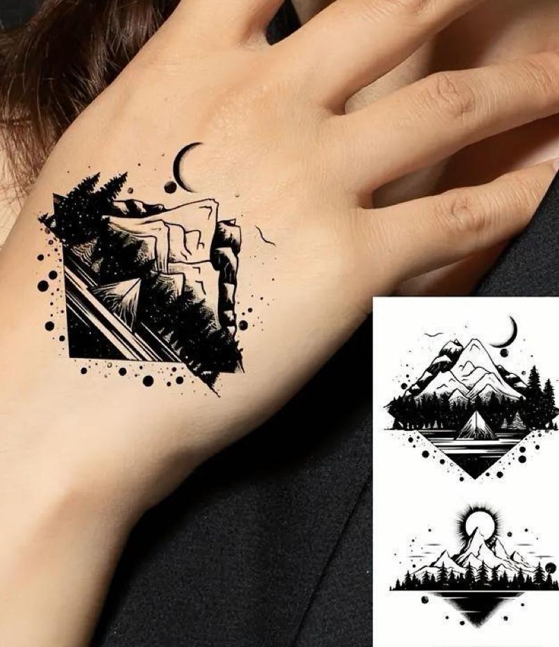 30Pcs Black Mountain River Fake Tattoos - Waterproof, Long-Lasting Small Personalized Realistic Temporary Tattoos for Body Art