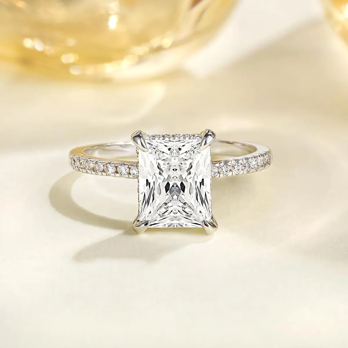 Gold ring, silver ring, diamond ring, rectangular white diamond four-prong ring, women's ring, women's jewelry, couple's gift
