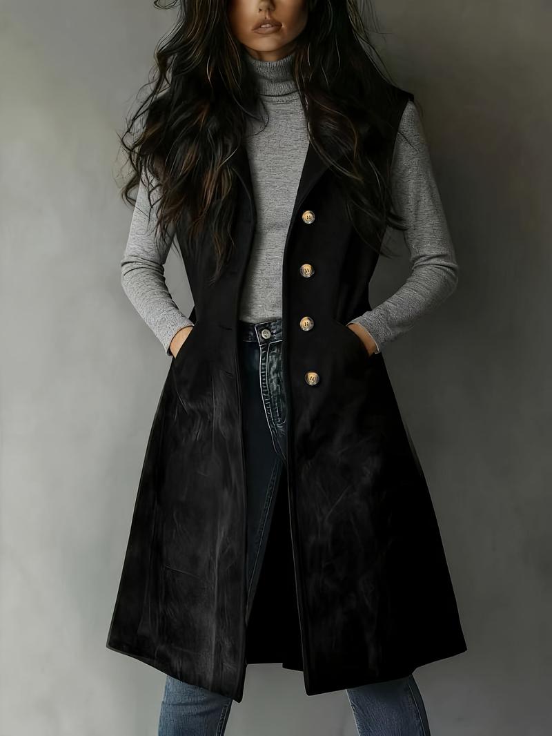 Women's Fashion Commuter Vintage American Collar Jacket Mid-Length Vest, Button Front, Fitted, Knee Length, Fall & Winter