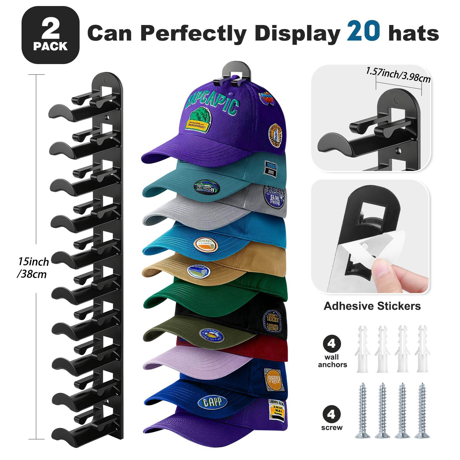 Multi-Piece Baseball Cap Storage Rack, Wall-Mounted Hat Hanger Holder Holds 20 Hats, Includes Strong Adhesive & Screws, Ideal for Door, Closet, Bedroom
