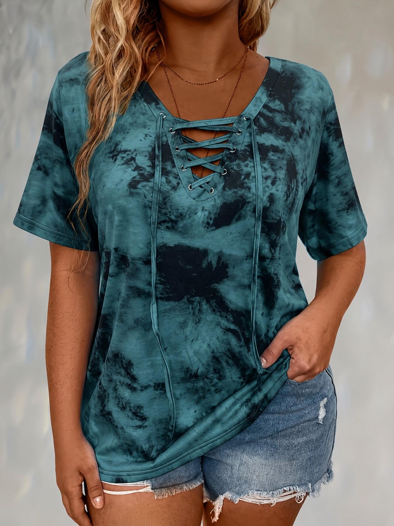 Plus Size Women's Tie Dye Print Front-Tie Adjustable Top, Casual Stretch Beachy Tee with Comfortable Fabric, Ideal for Daily Wear and Gifting
