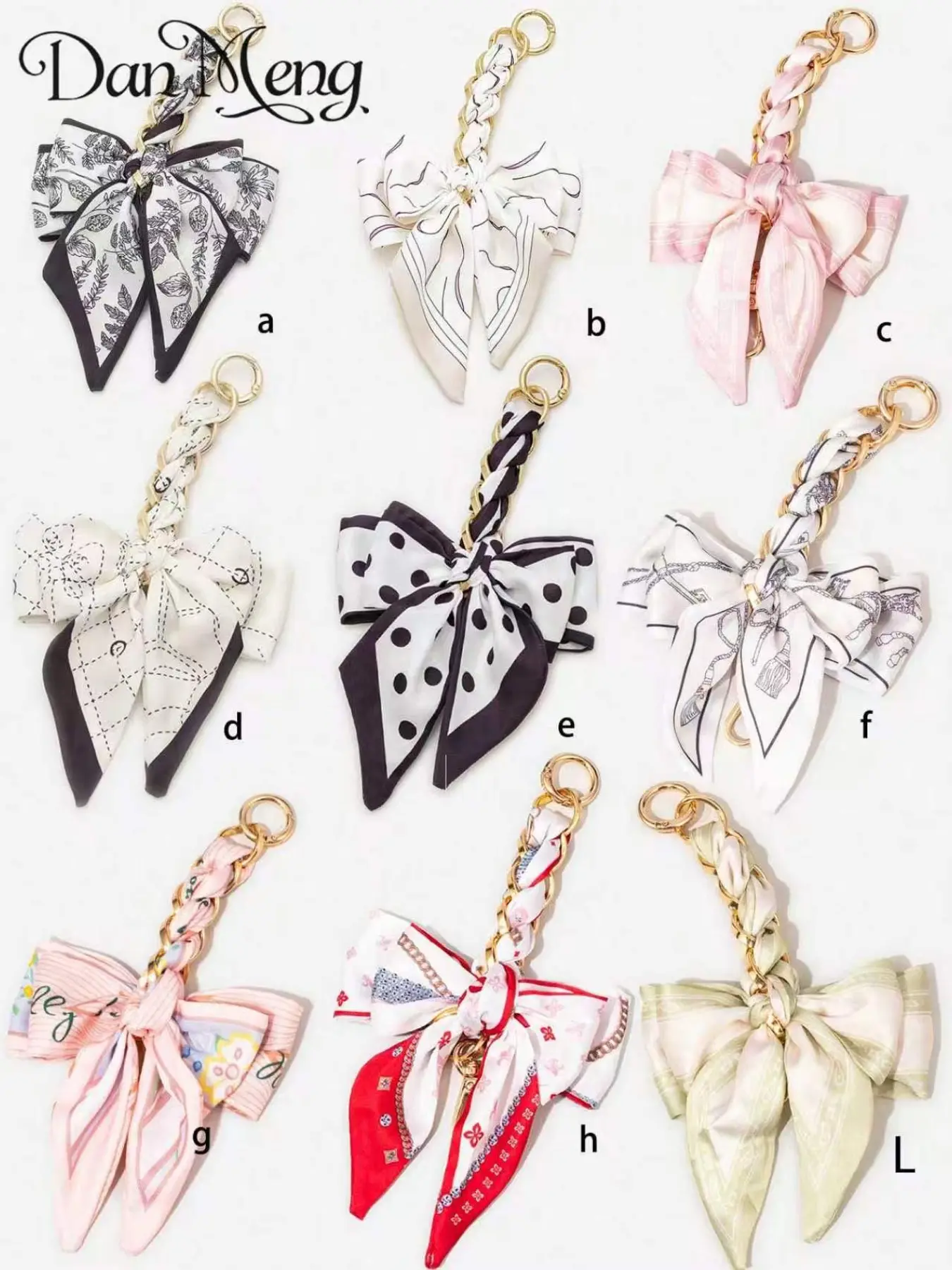 French Vintage Print Scarf Bow Bag Charm, Bag Accessories Charms, Thick Braided Chain Ribbon Keychain, Luxury Women's Accessory Pendant