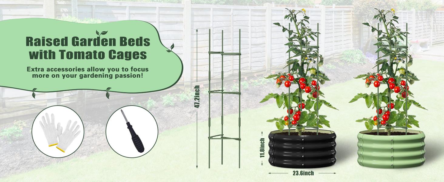 Lilypelle 3 Pcs 24x24x12in Round Galvanized Raised Garden Bed with Tomato Cages, Metal Planter Box for Planting Plants Vegetables Herbs Flowers