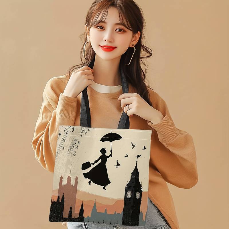 Printed Backpack with Umbrella, Bird, Cityscape Design, Durable Large Capacity, Ideal for Commuting, Parties, Beach Shopping, Travel, Daily Use