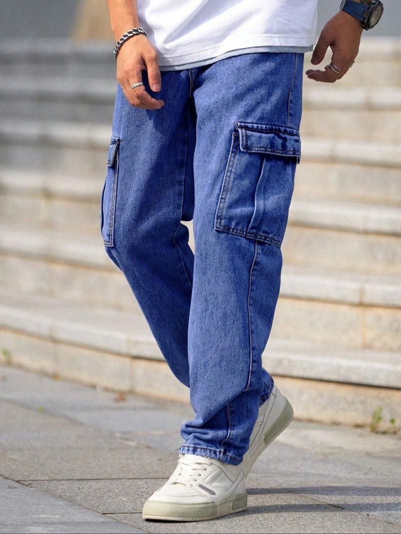 Men's Solid Color Washed Straight Leg Cargo Jeans, Loose Casual Comfy Flap Pocket & Slant Pocket Design Denim Trousers for Daily Wear, Fashion Men's Bottoms for All Seasons, Cotton, Relaxed Fit Jeans, Baggy Jeans, Pants