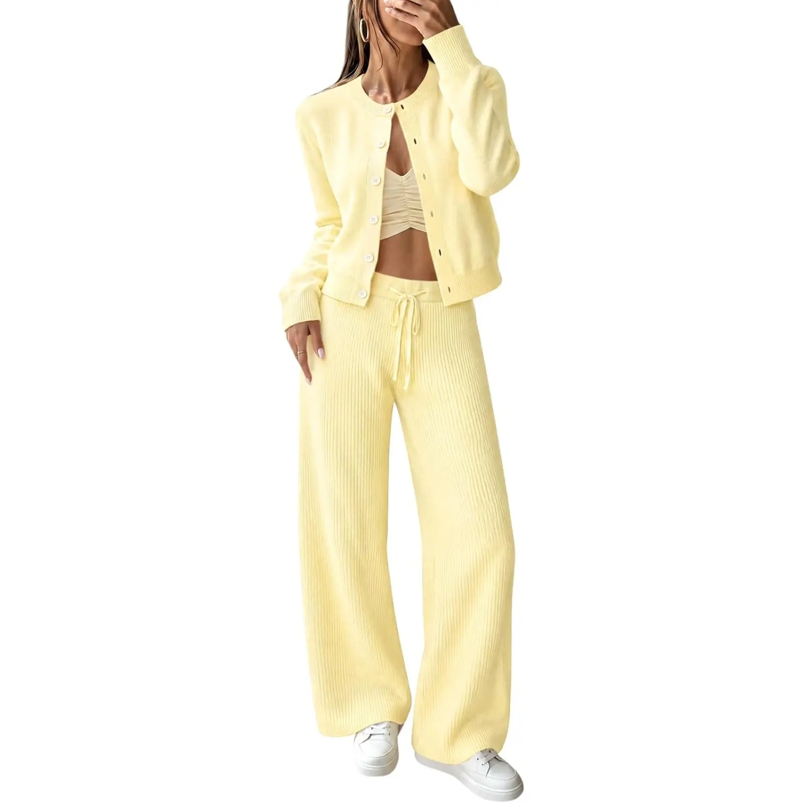 Tankaneo Womens 2 Piece Outfits Lounge Sets Cropped Cardigan Sweater Sets, Matching Sets,Button Down Sweater,Elastic Waist Drawstring Pant,Loungewar,Fall Winter Going Out Outfits,Airport Travel