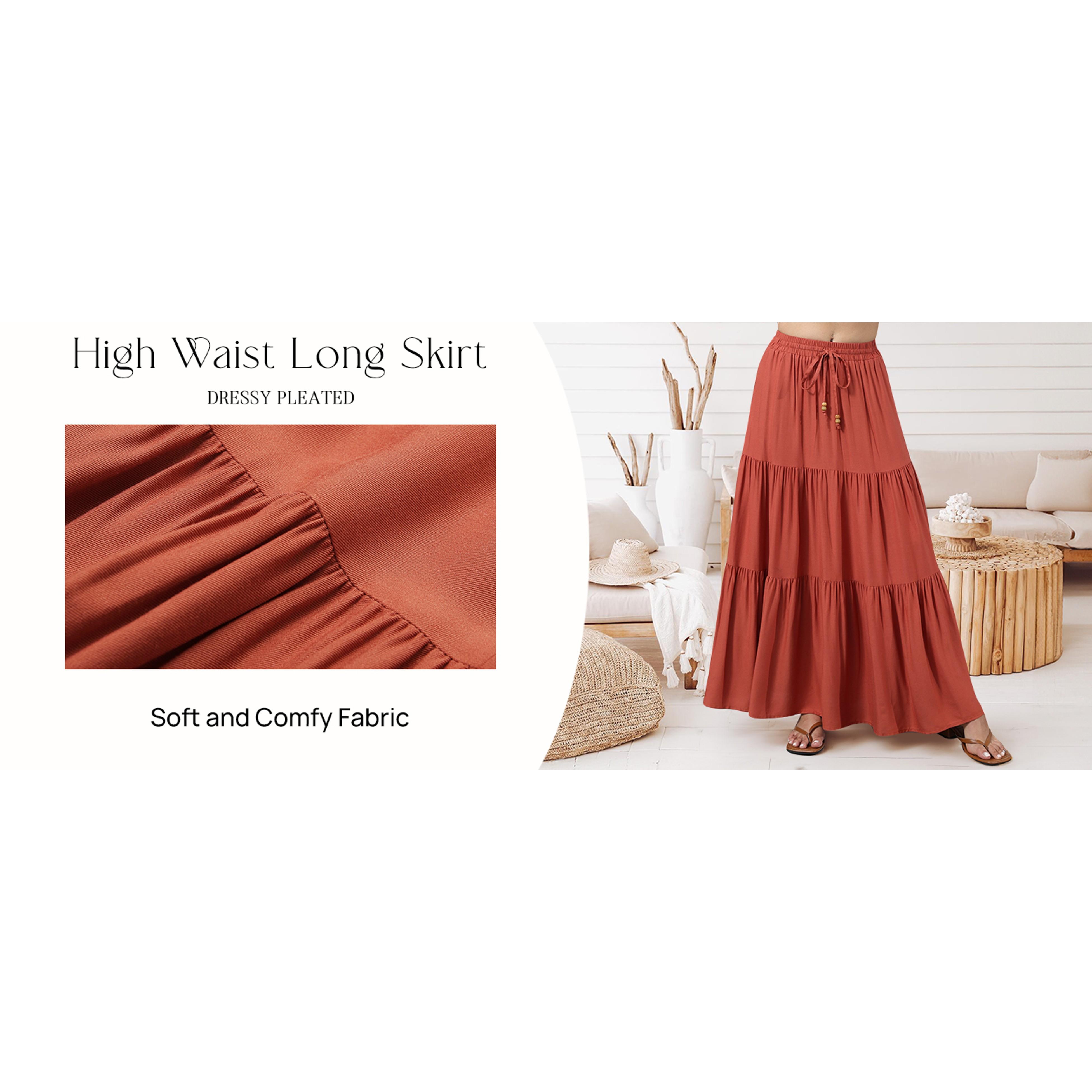 Women's Summer Boho Maxi Skirt A-Line Flowy Ruffle Tiered Elastic High Waist Beach Long Skirts with PocketsGift