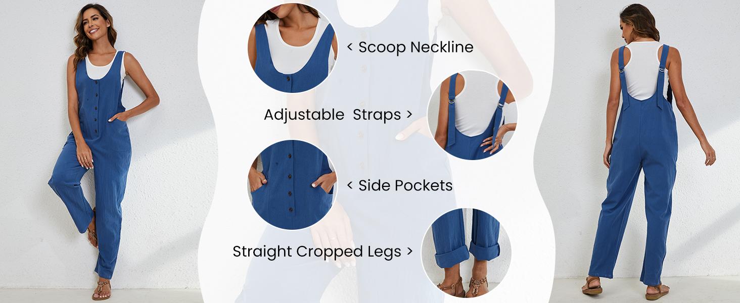 UANEO Women's Overalls Linen Cotton Jumpsuits Casual Loose Jumpers Adjustable Straps with Pockets Spring Summer Womenswear
