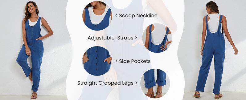 UANEO Women's Overalls Linen Cotton Jumpsuits Casual Loose Jumpers Adjustable Straps with Pockets Spring Summer Womenswear