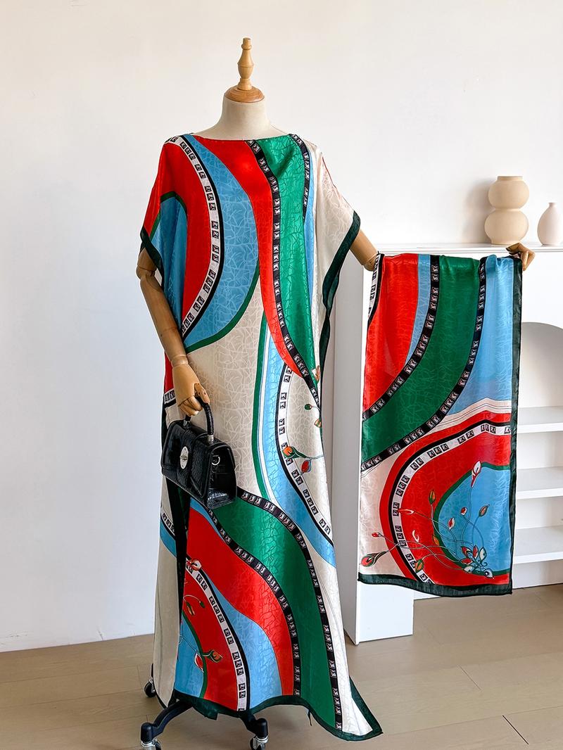 Women's Colorblock Print Long Scarf & Poncho Set, Casual Soft Comfortable Shawl for Beach Vacation, Fashion Accessories for Women & Girls