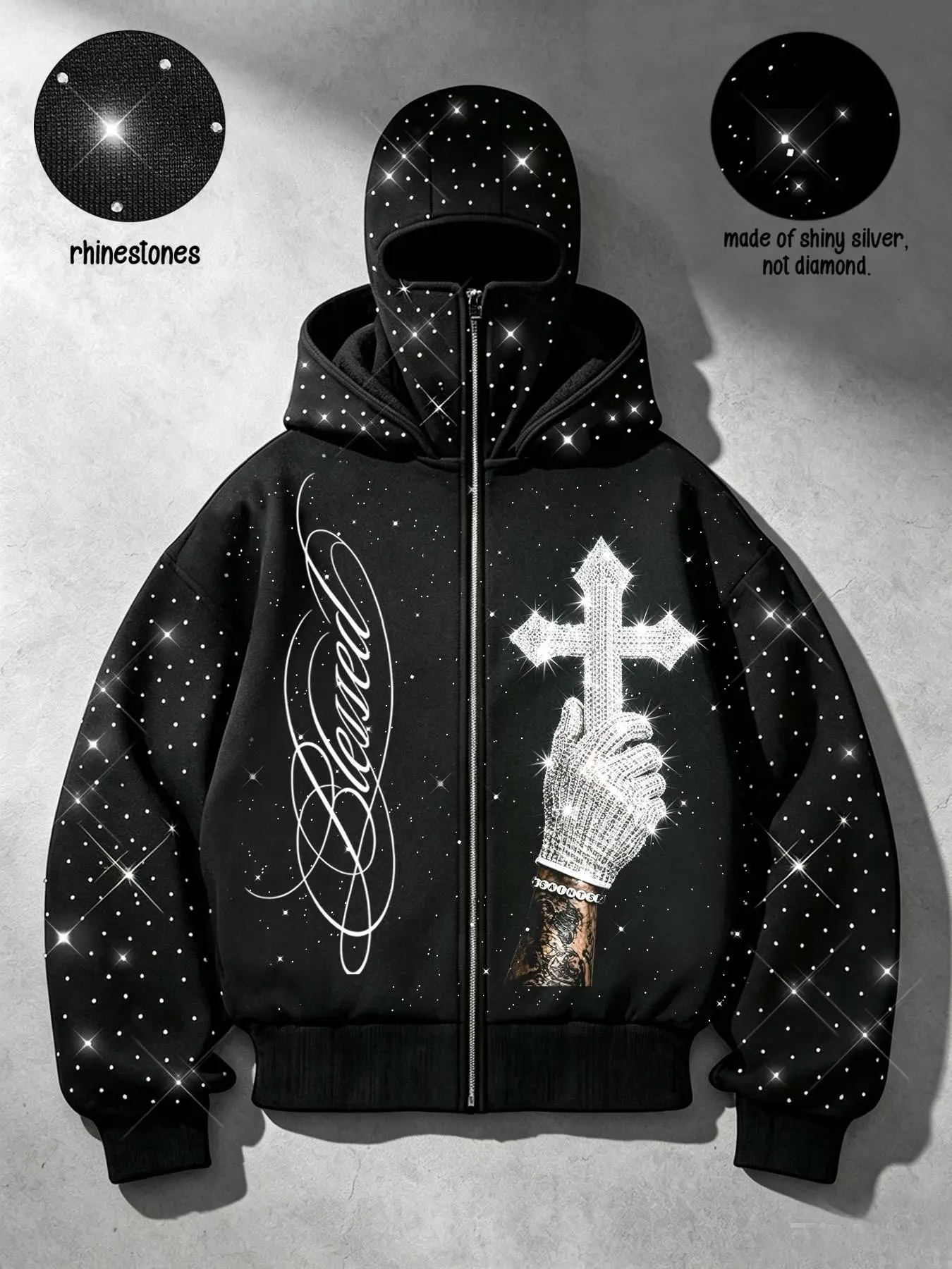 Y2K Rhinestone Balaclava Zip Up Hoodie, Unisex BLESSED Slogan Cross & Gloves Graphic Print, Techwear Shiny Diamond Hip Hop Streetwear Zip Jacket