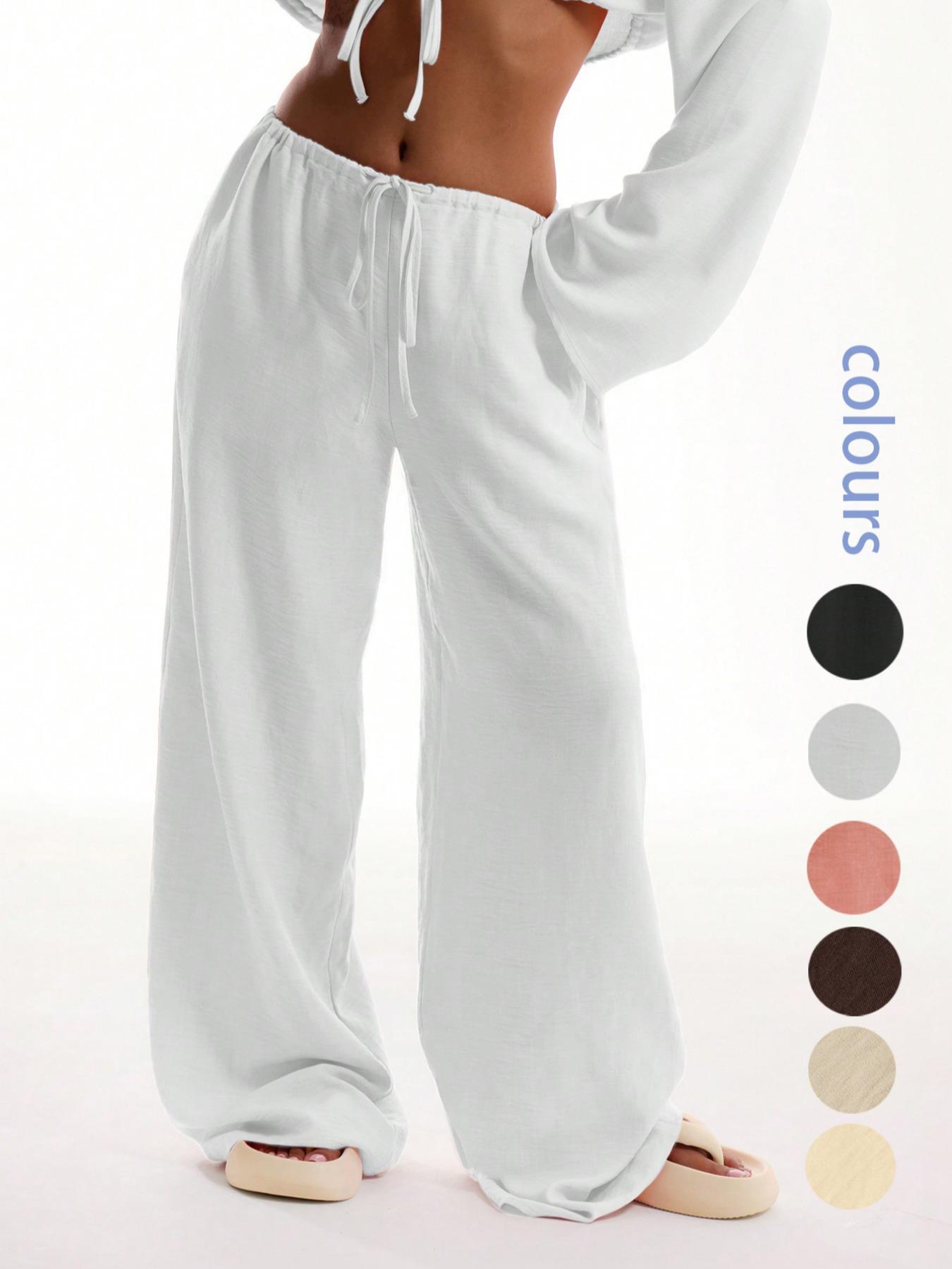 Women's Solid Pocket Pants, Casual Comfy Wide Leg Woven Trousers for Beach Vacation Holiday, Ladies Bottoms for All Seasons, Baggy Legged Pants, Fit